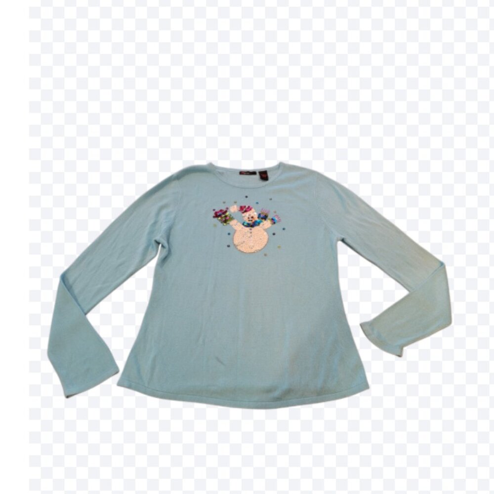 Empress Aqua Sequin Snowman Holiday Crew Neck Sweater